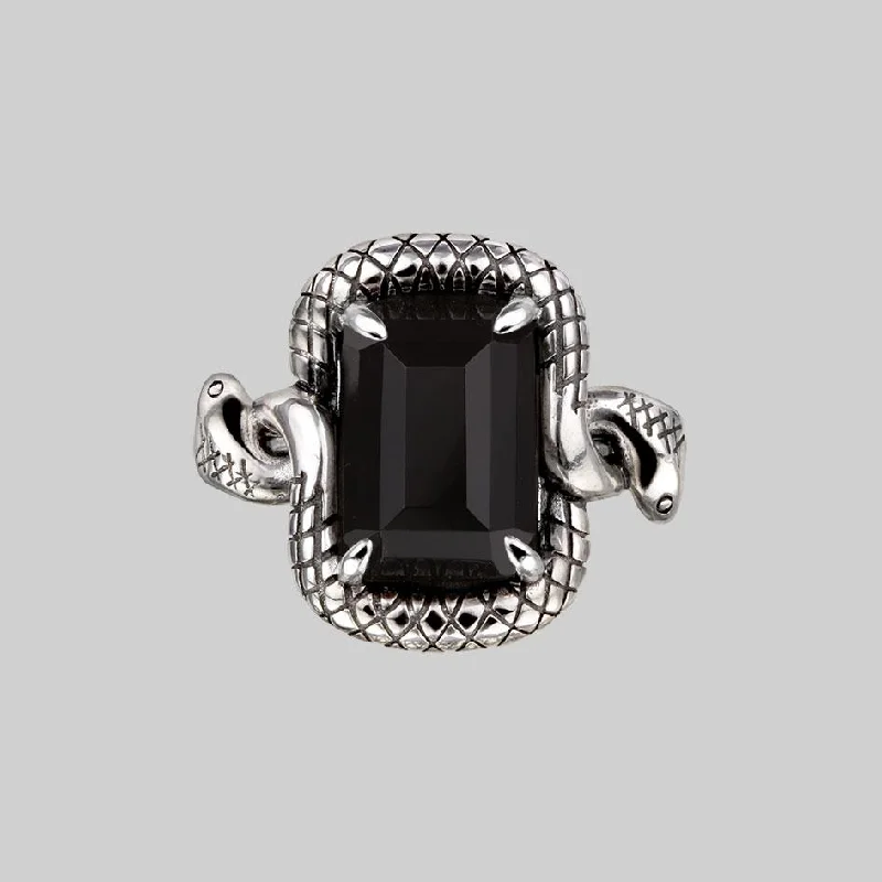 MALICE. Black Spinel Coiled Snake Cocktail Ring - Silver