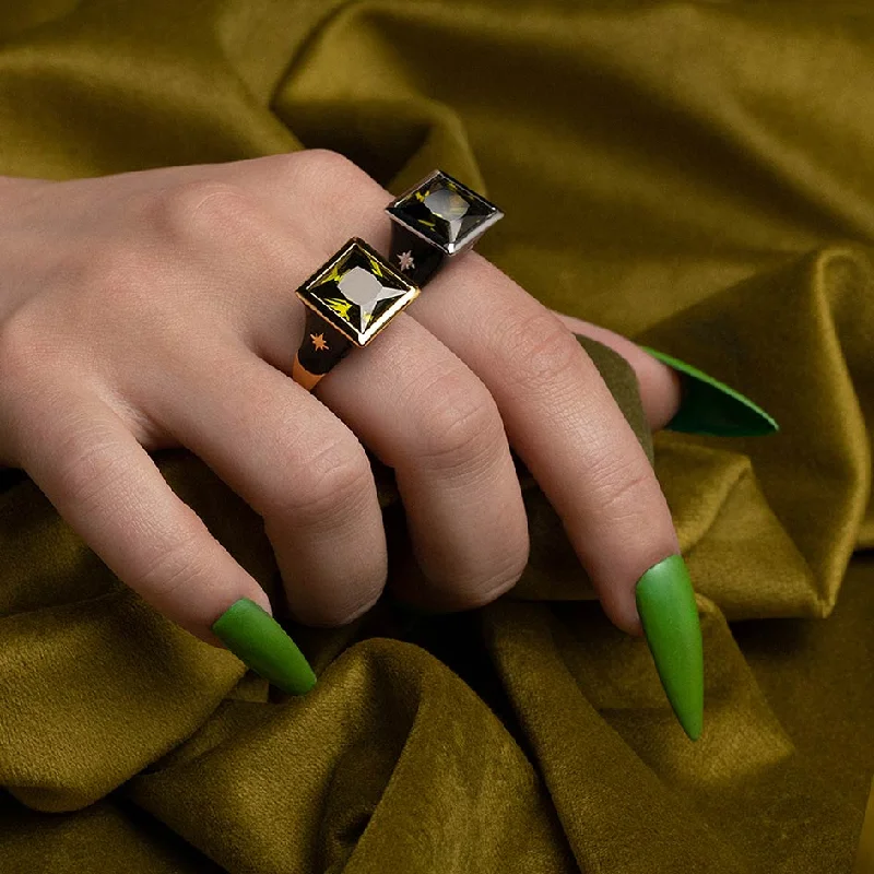 SCARLETT. Green CZ Black Enamel Statement Ring - Silver