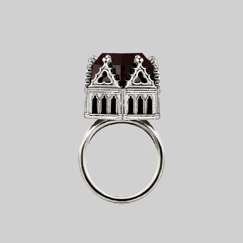 TEMPLE OF CHAMBERS. Garnet CZ Cathedral Ring - Silver