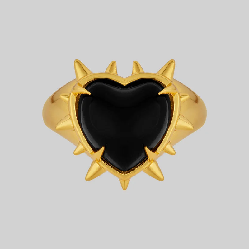 VOID. Spiked Black Glass Heart Ring - Gold