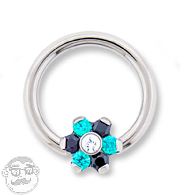 16G Black & Aqua Swarovski Flower Titanium Flat Disk Captive Ring