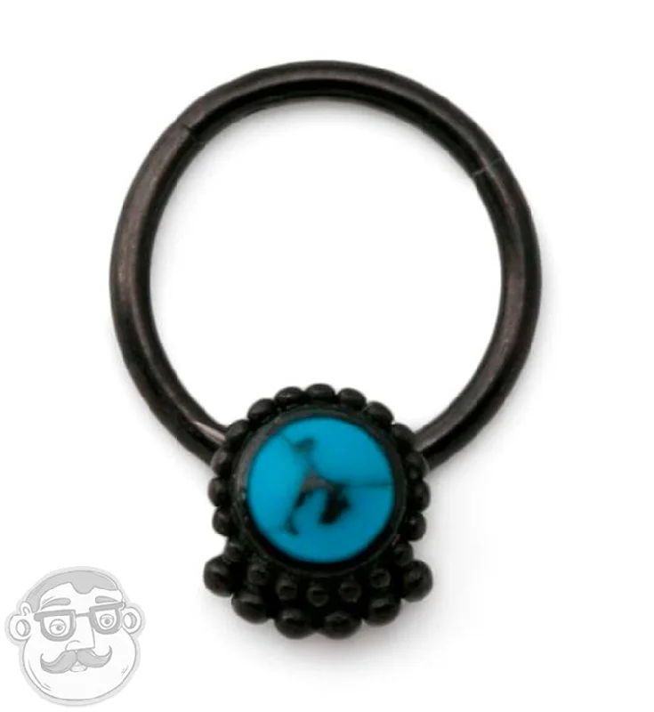 16G Black PVD Beaded Turquoise Hinged Segment Ring