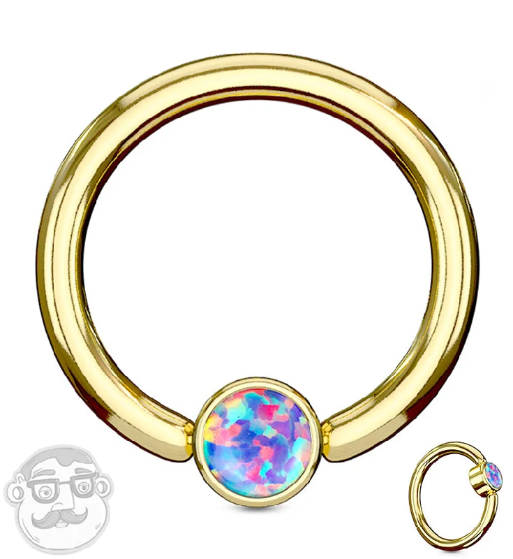 Gold PVD Purple Opalite Flat Disk Captive Ring