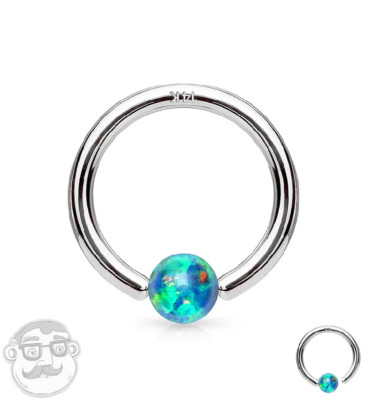 Green Opalite 14kt White Gold Annealed Fixed Captive Ring