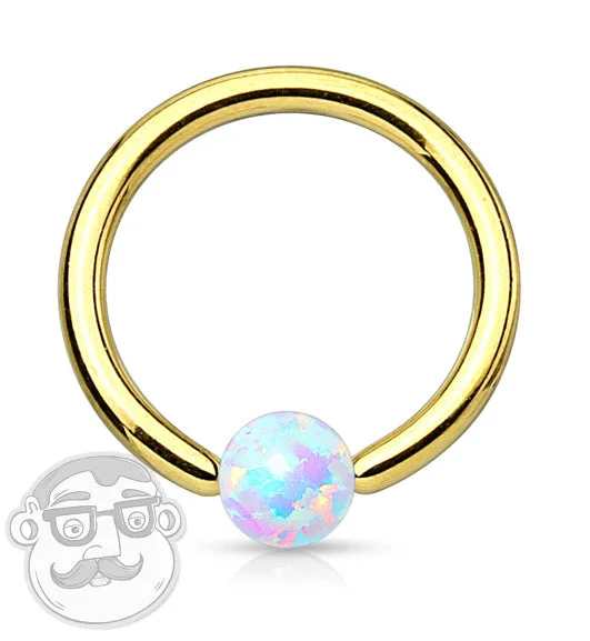 IP Gold Captive Ring With White Opalite Bead