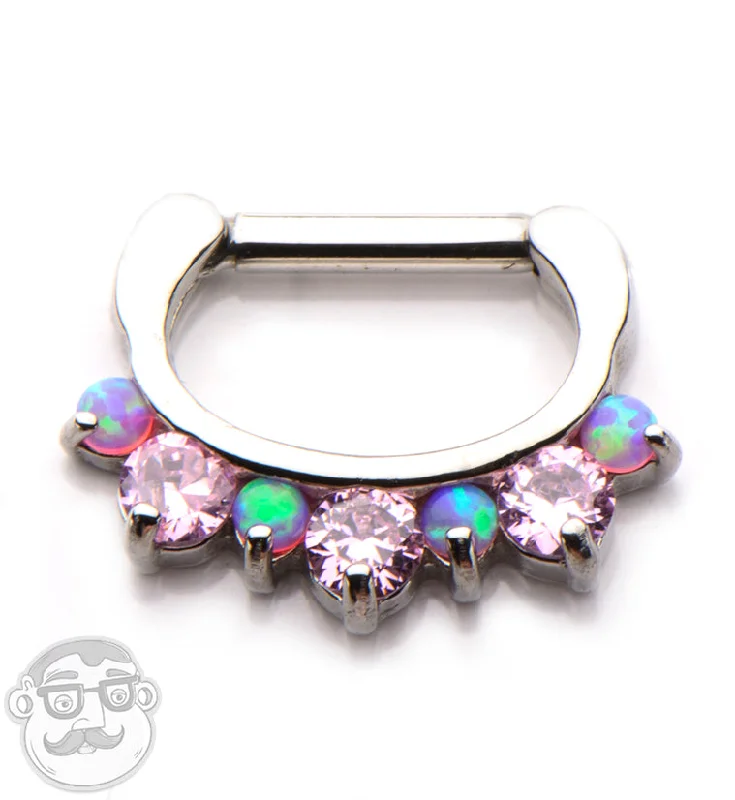 Opalite & Pink CZ Stainless Steel Septum Clicker