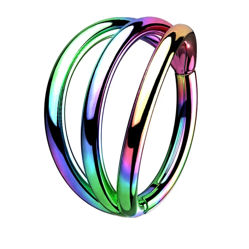 Rainbow PVD Triple Side Bar Titanium Hinged Segment Ring