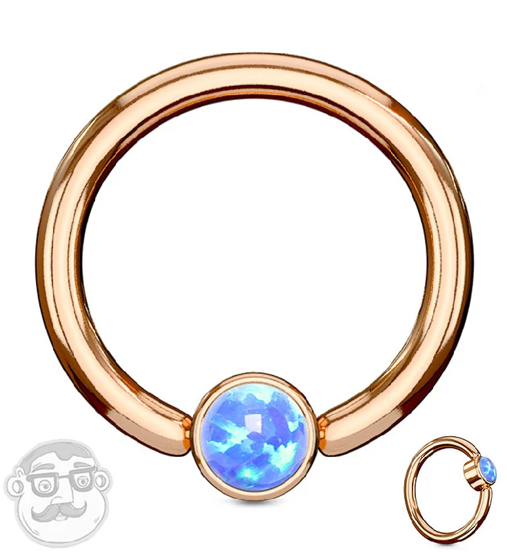 Rose Gold PVD Blue Opalite Flat Disk Captive Ring