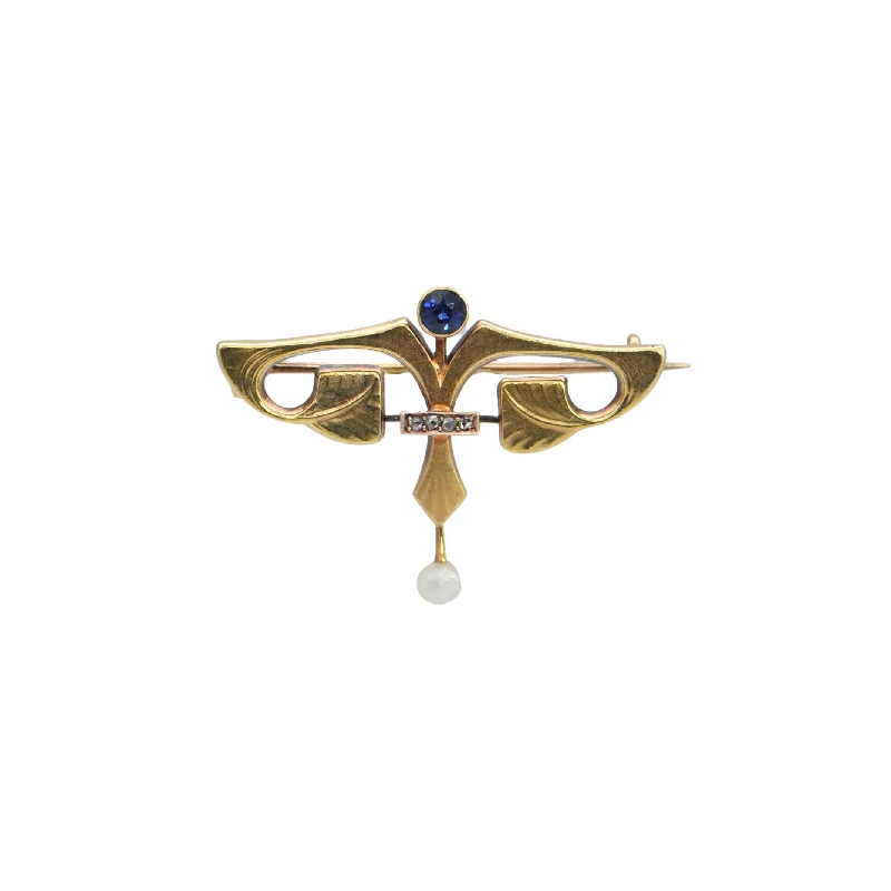 Antique Egyptian Revival Sapphire and Pearl 14k Gold Brooch