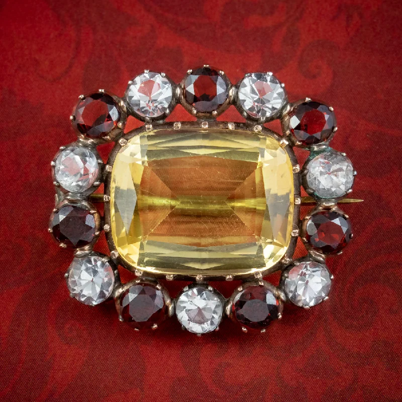 Antique Georgian Harlequin Brooch Citrine Garnet Crystal