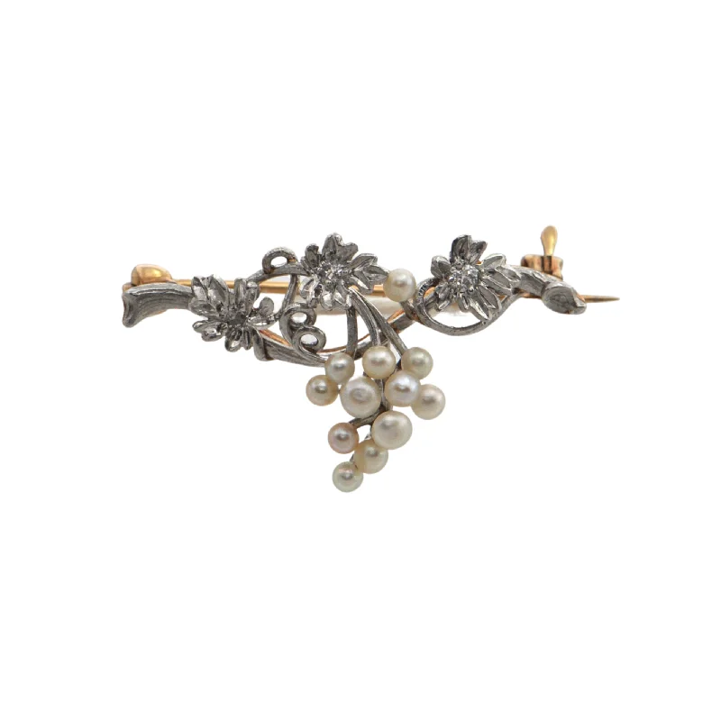 Antique Pearl and Diamond 14K Gold Grapevine Brooch "Henry Kohn & Sons" circa 1900.