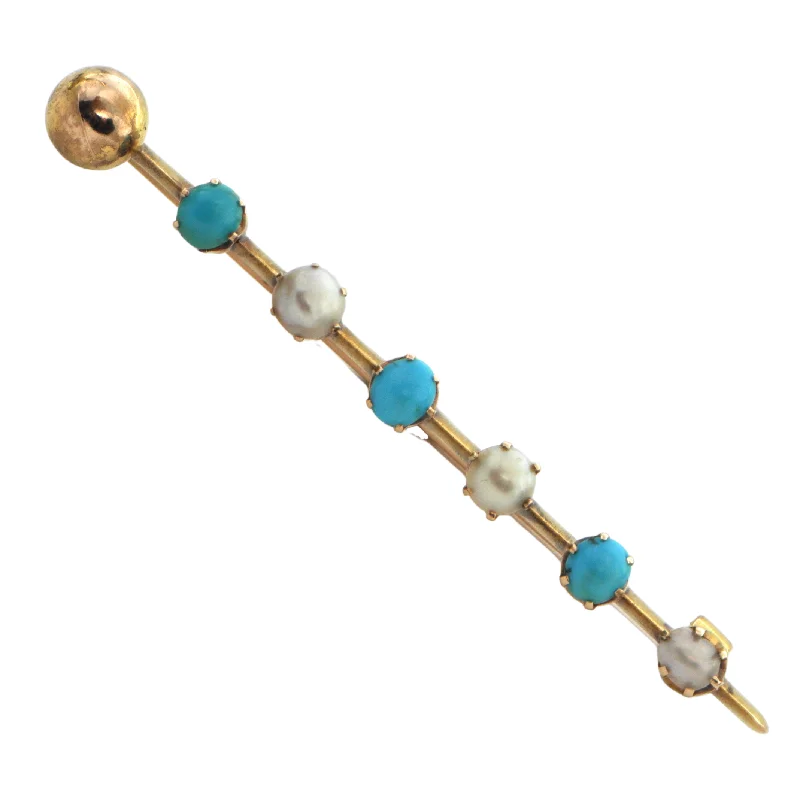 Antique Russian Pearl and Turquoise 14K Yellow Gold Bar Brooch (C.1861-1900)