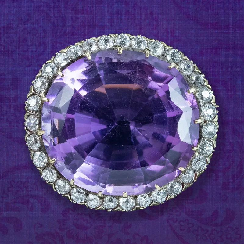 Antique Victorian Amethyst Diamond Brooch 15ct Gold 28ct Amethyst