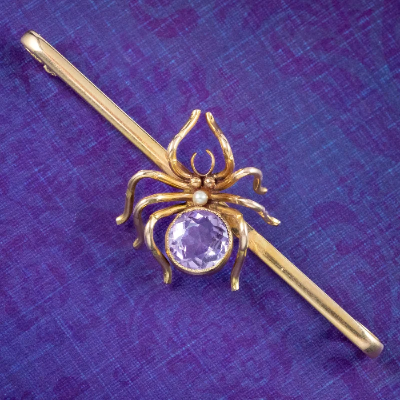 Antique Victorian Amethyst Spider Bar Brooch 9ct Gold Circa 1900