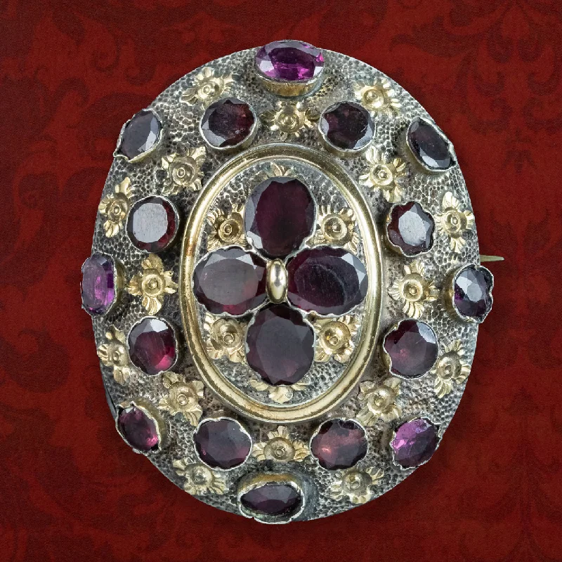 Antique Victorian French Garnet Brooch Silver Gold Gilt