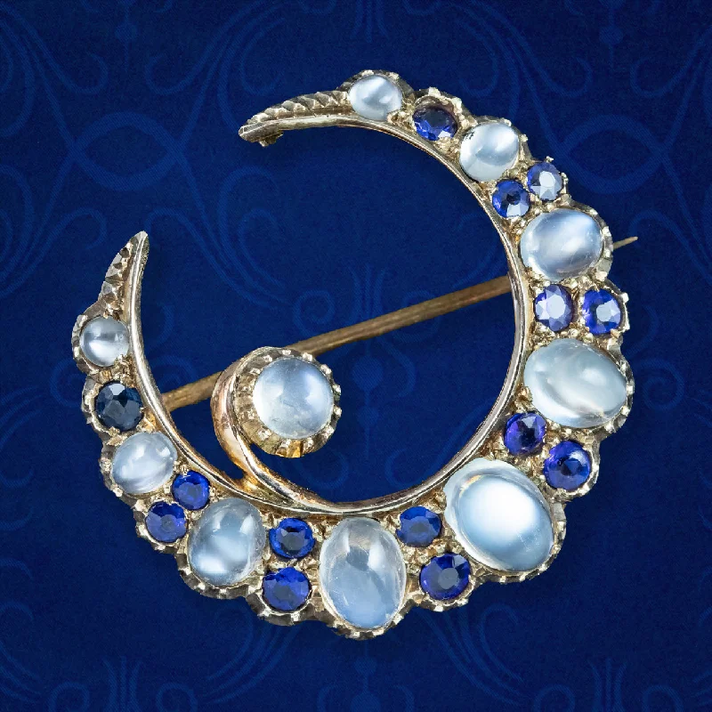 Antique Victorian Moonstone Sapphire Crescent Moon Brooch