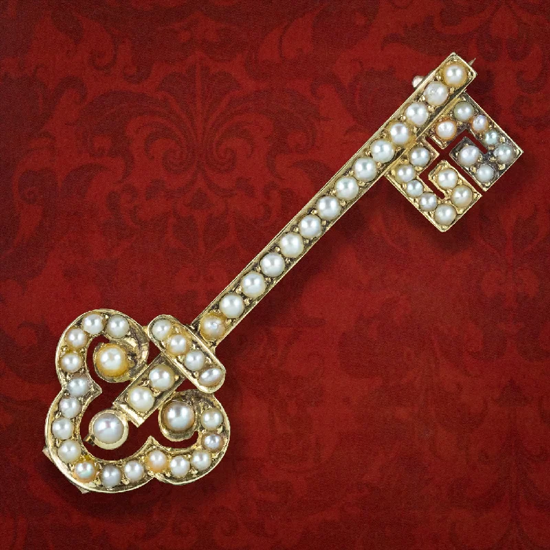 Antique Victorian Natural Pearl Key Brooch 18ct Gold