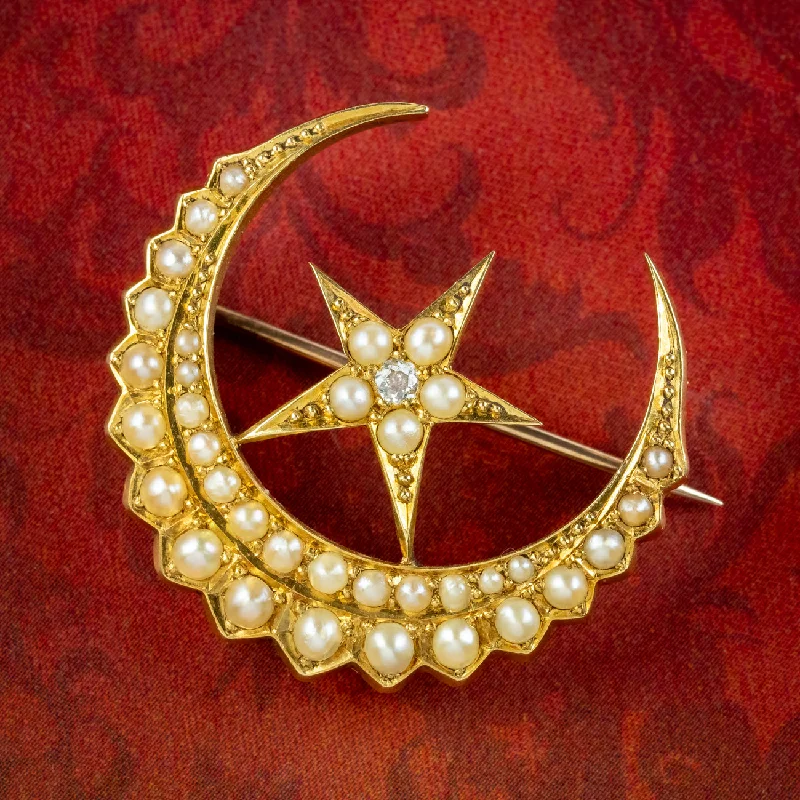 Antique Victorian Pearl Diamond Crescent Moon And Star Brooch 18ct Gold