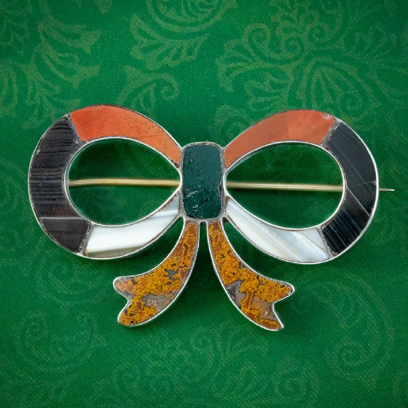 Antique Victorian Scottish Agate Bow Brooch Silver