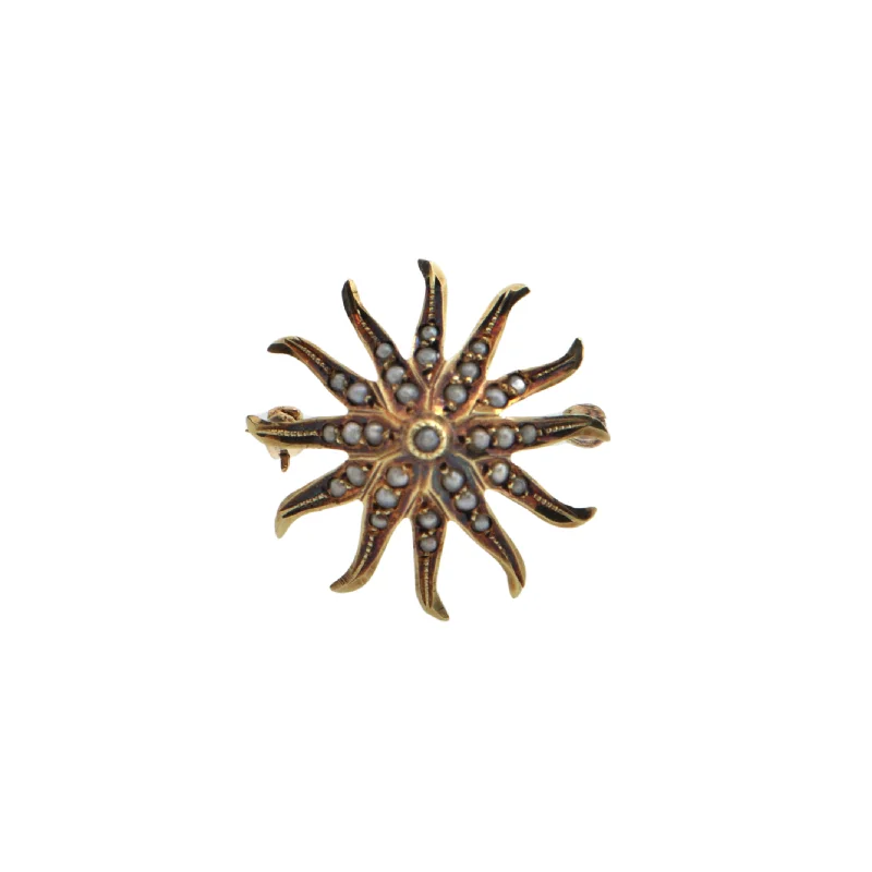 Antique Victorian Seed Pearl 14k Gold Small Starburst Brooch