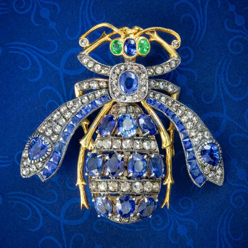 Art Deco Style Sapphire Diamond Bee Brooch 5.2ct Of Sapphire