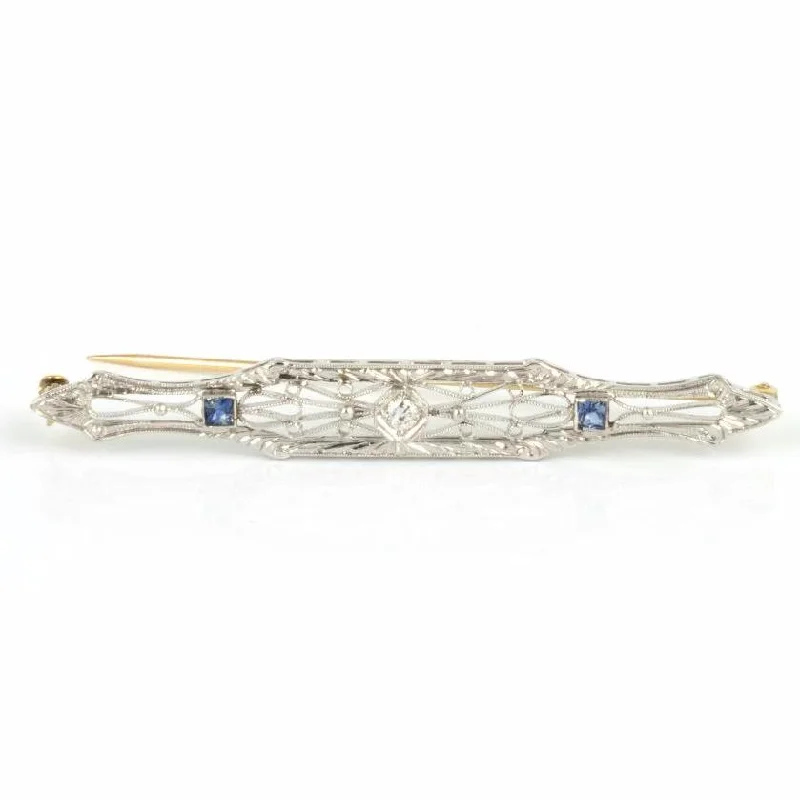 Diamond and Sapphire Bar Pin in 18k White Gold