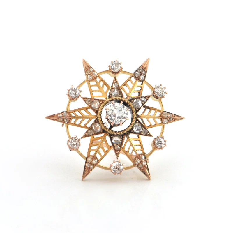 Double Six Pointed Star 1.40CT Diamond and 18K Yellow Gold Brooch C.1880