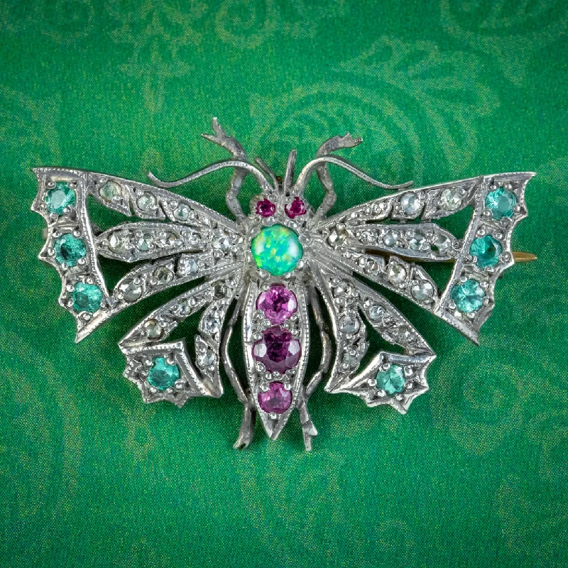 Edwardian Style Diamond Emerald Ruby Opal Butterfly Brooch Silver 18ct Gold