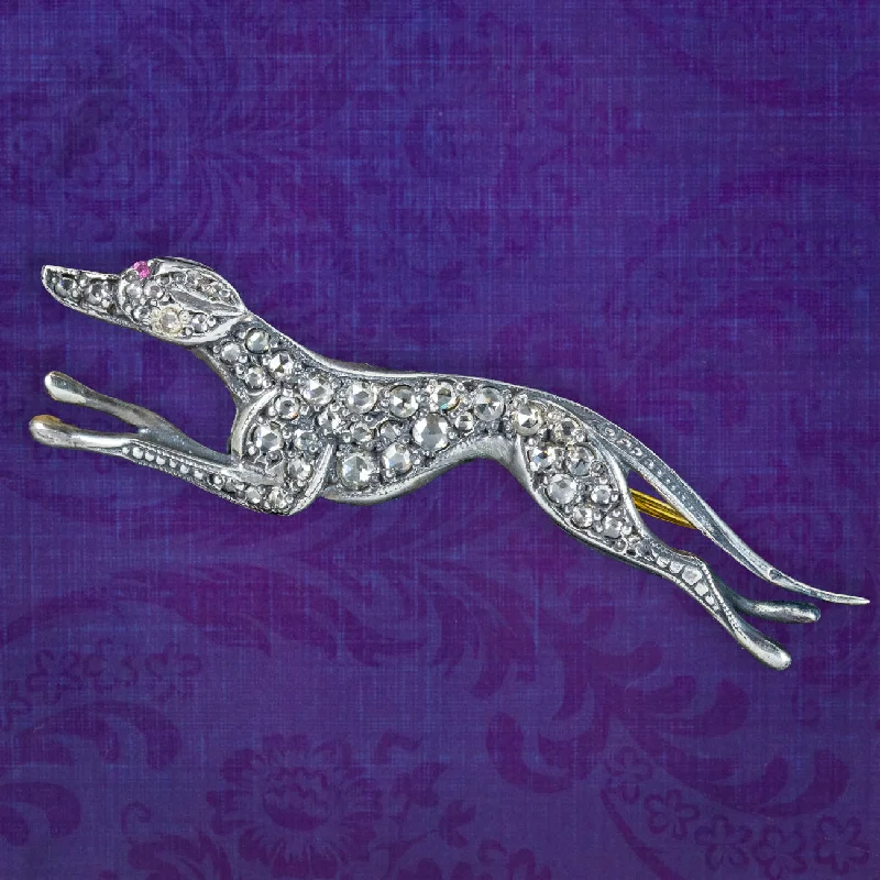 Edwardian Style Rose Cut Diamond Greyhound Brooch Silver Gold Gilt