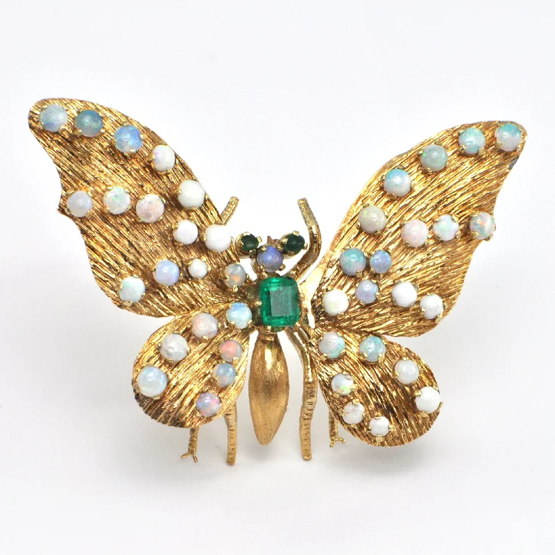 Emerald and Opal 18k Yellow Gold Butterfly Trembler c.1940-1950