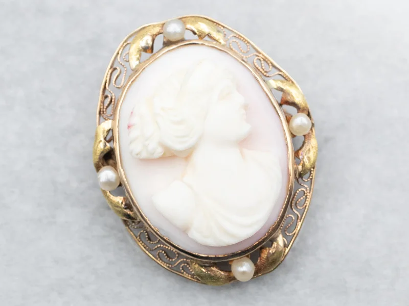 Antique Pink Shell Cameo Seed Pearl Brooch or Pendant