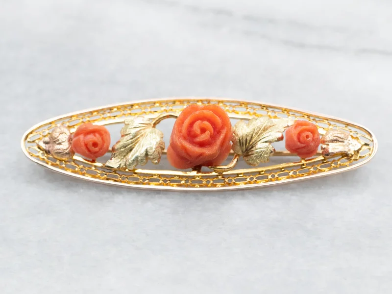 Lovely Carved Coral Flower Brooch