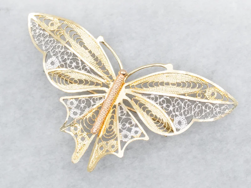 Pretty Gold Filigree Butterfly Brooch