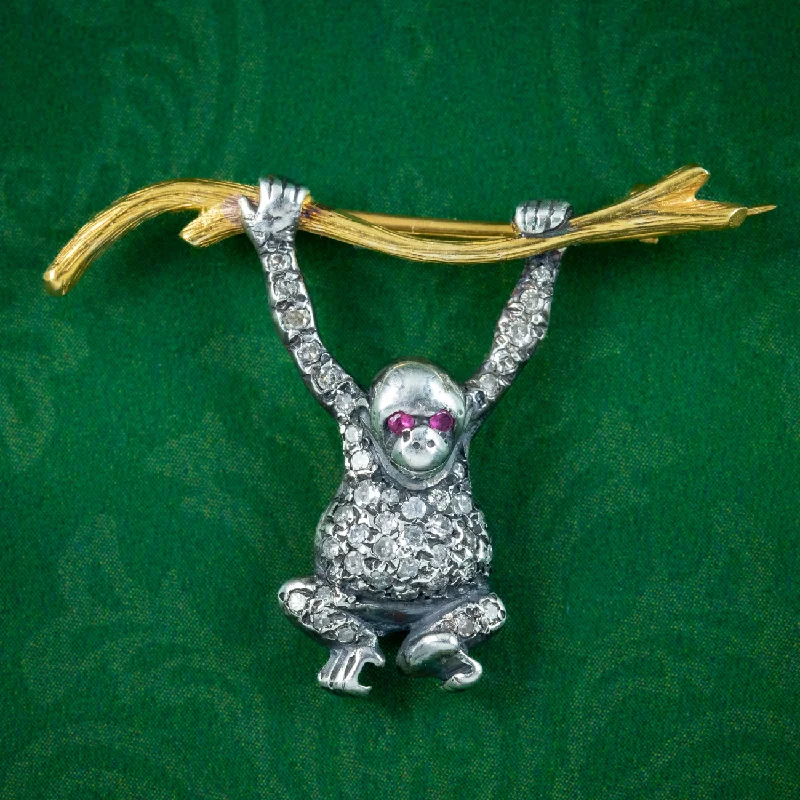 Victorian Style Diamond Monkey Bar Brooch Silver 18ct Gold Ruby Eyes