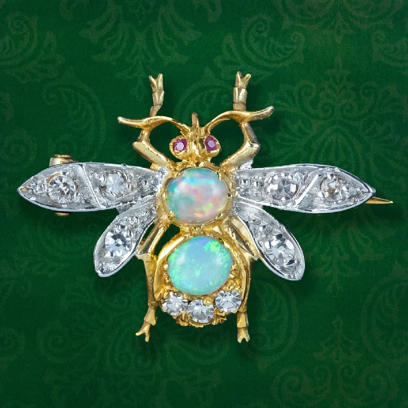 Victorian Style Opal Diamond Bee Brooch 18ct Gold