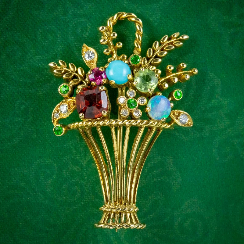 Vintage Giardinetti Gemstone Flower Vase Brooch 18ct Gold