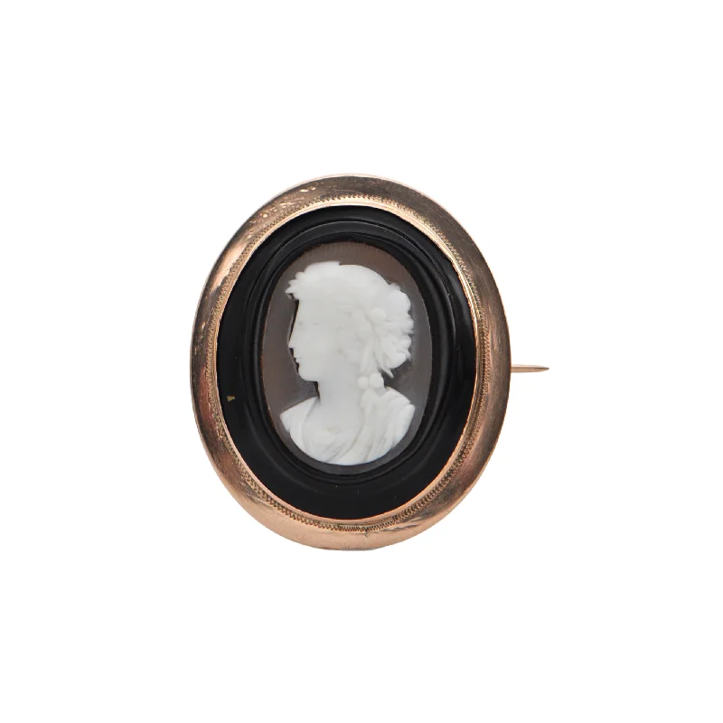 Antique Onyx and Rose Gold Shell Cameo Brooch