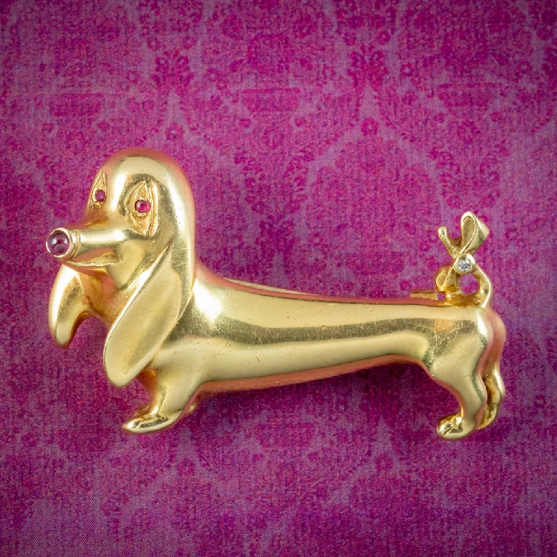 Vintage Sausage Dog Brooch 18ct Gold Ruby And Diamond