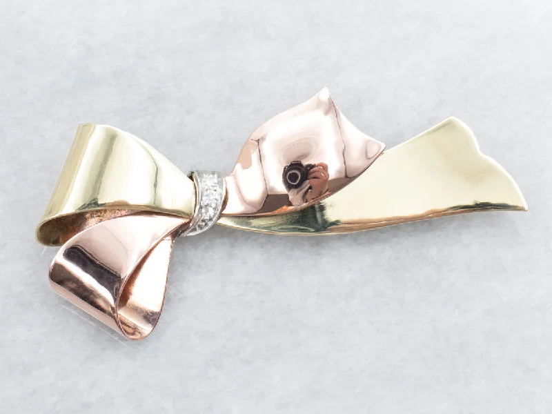 Vintage Sweet Gold Diamond Bow Brooch