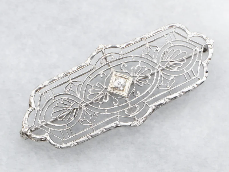 Art Deco Old Mine Cut Diamond Filigree Brooch