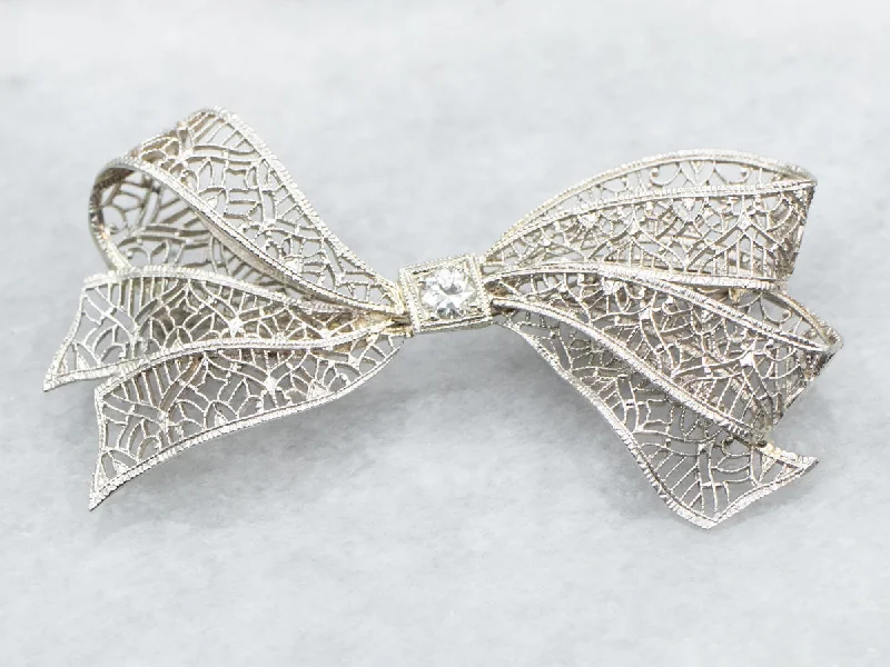 European Cut Diamond Filigree Bow Brooch