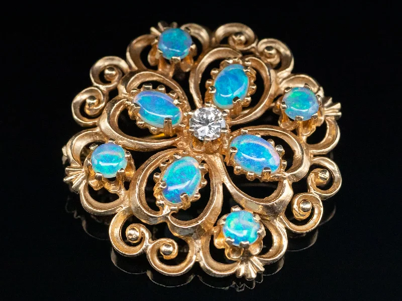 Yellow Gold Opal Cluster Brooch or Pendant with Diamond Accent