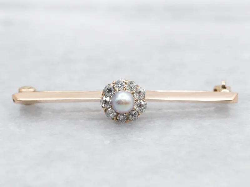 Pearl and Diamond Halo Bar Brooch