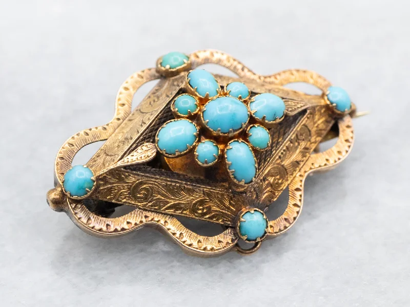 Yellow Gold Turquoise Brooch with Etched Botanical Details